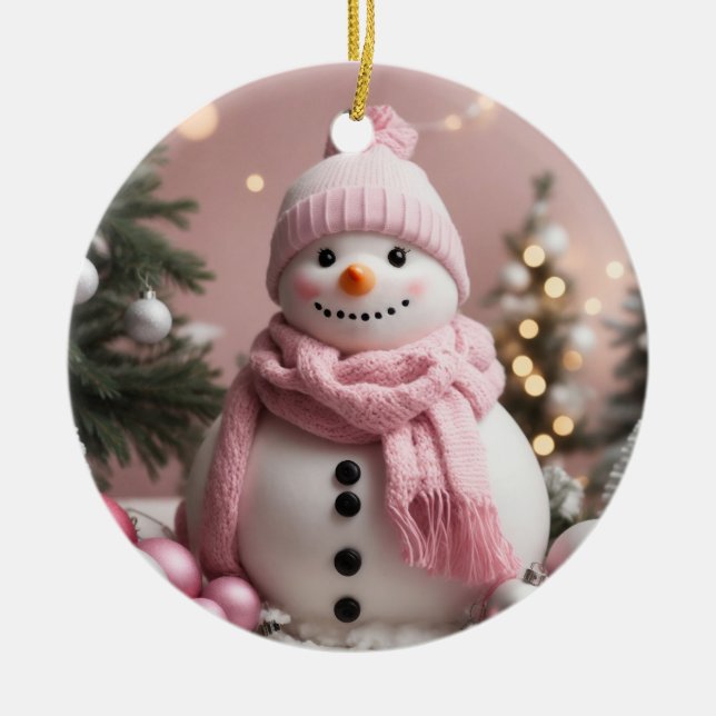 Pretty Pink Christmas Snowman Ceramic Ornament (Front)