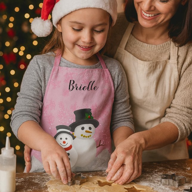 Pretty Pink Christmas Snowman Personalised Kids   Apron (Pink snowman apron for girls  custom name, festive baking, holiday fun with mom in the kitchen)