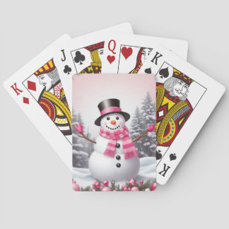 Pretty Pink Christmas Snowman Scene Playing Cards