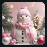 Pretty Pink Christmas Snowman Square Sticker<br><div class="desc">Pretty Pink Christmas Snowman</div>