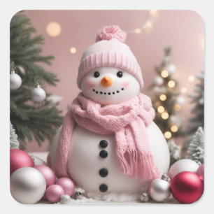 Pretty Pink Christmas Snowman Square Sticker
