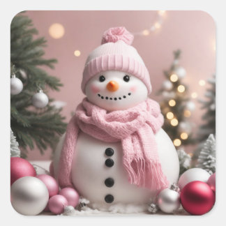 Pretty Pink Christmas Snowman Square Sticker