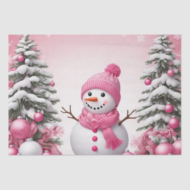 Pretty Pink Christmas Snowman & Trees Tissue Paper (Front)
