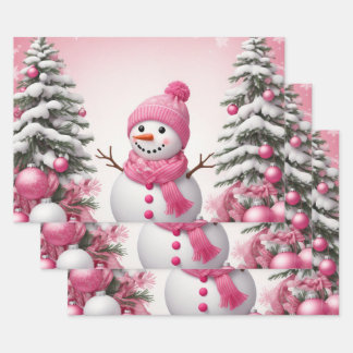 Pretty Pink Christmas Snowman & Trees Wrapping Paper Sheet