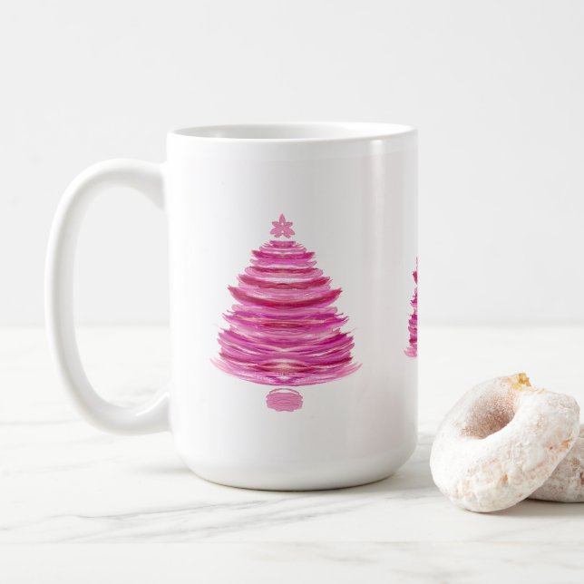 Pretty Pink Christmas Tree Art Coffee Mug (With Donut)