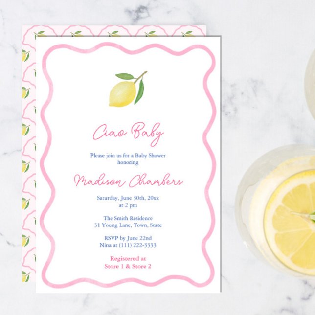 Pretty Pink Ciao Baby Lemon Girl Baby Shower Invitation (Ciao Baby Pretty Pink Wavy border citrus lemons baby shower invite with scallop pattern reverse)