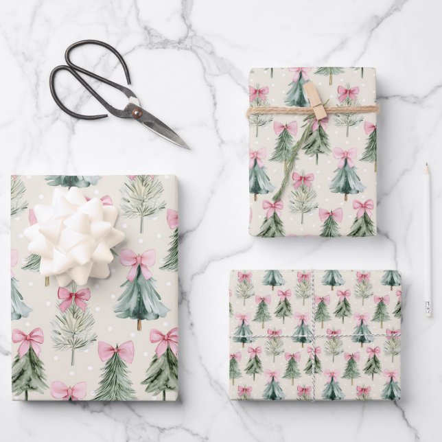 Pretty Pink Coquette Bow Christmas Tree Pattern Wrapping Paper Sheet (Front)