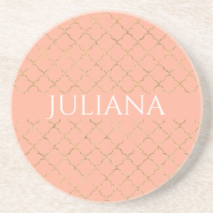 Pretty Pink Coral Gold Quatrefoil Personalised Coaster