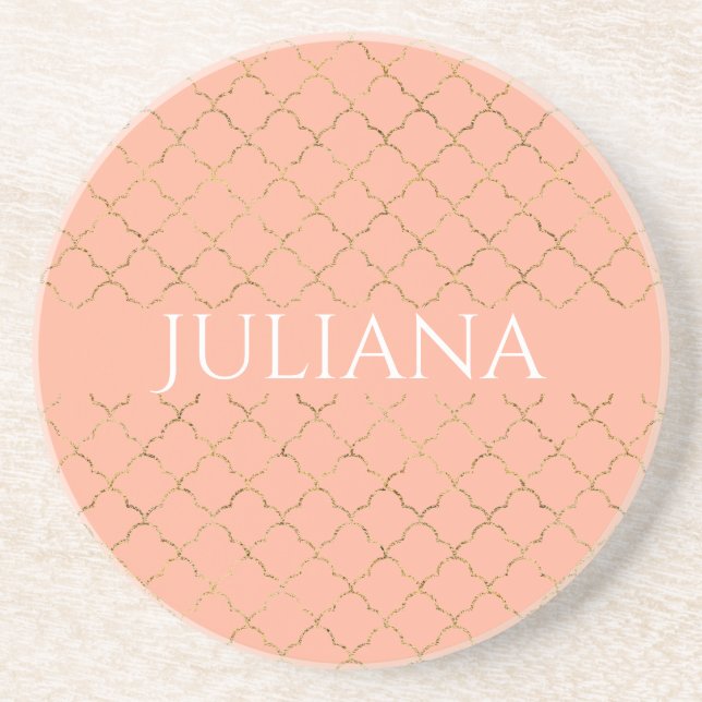 Pretty Pink Coral Gold Quatrefoil Personalised  Coaster (Front)