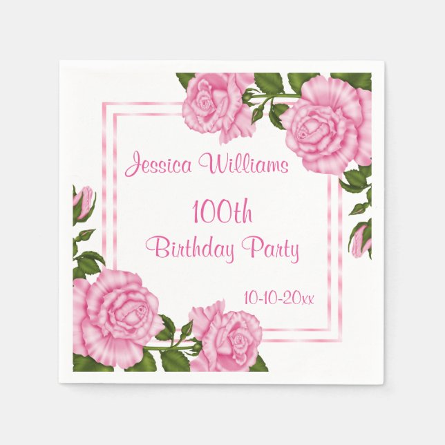 Pretty Pink Corner Bouquets 100th Napkin (Front)