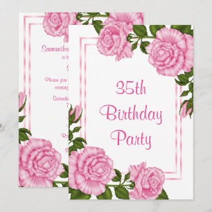 Pretty Pink Corner Bouquets 35th Birthday Invitation
