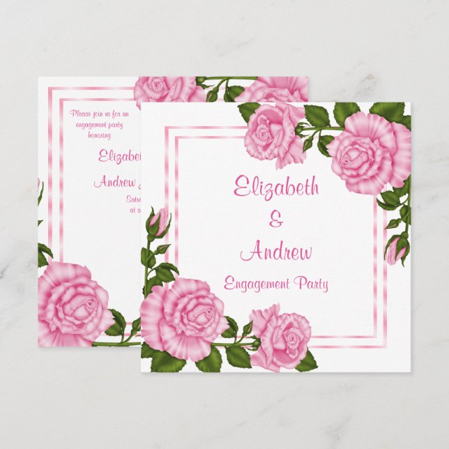 Pretty Pink Corner Bouquets Engagement Invitation (Front/Back)