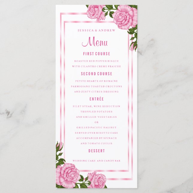 Pretty Pink Corner Bouquets Wedding Menu (Front)
