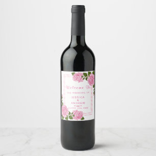 Pretty Pink Corner Bouquets Wedding Wine Label