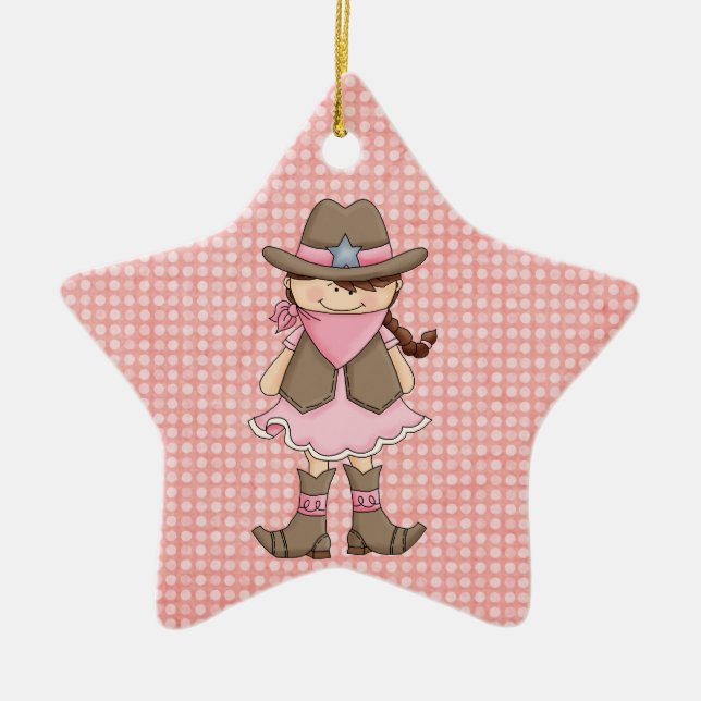 Pretty Pink Cowgirl (brown hair) & Sheriffs Badge Ceramic Ornament (Front)
