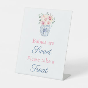 Pretty Pink Cream Roses Baby Shower Favour Table Pedestal Sign