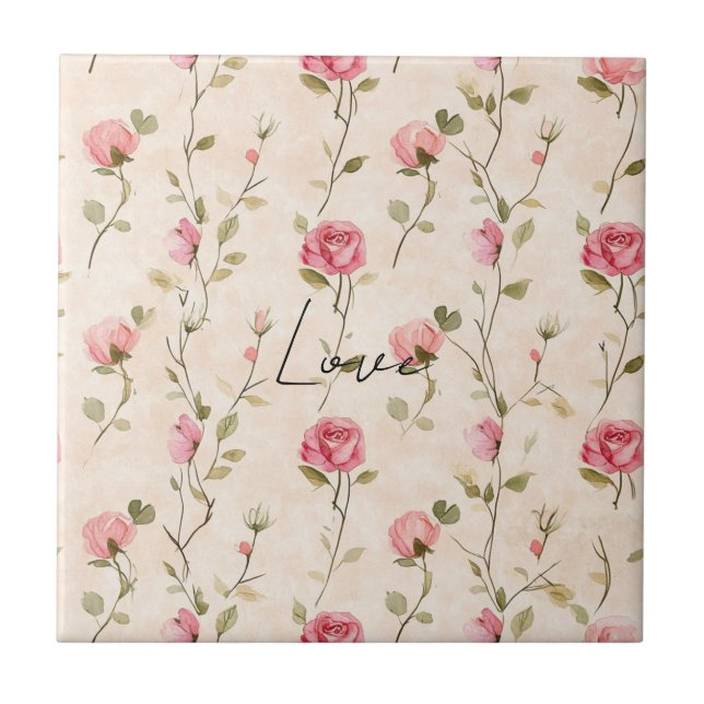 Pretty Pink Cream Roses Floral Bridal Shower Ceramic Tile (Front)