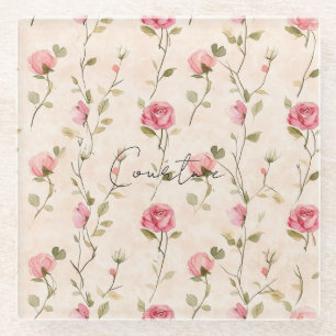 Pretty Pink Cream Roses Floral Bridal Shower Glass Coaster