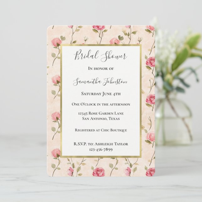Pretty Pink Cream Roses Floral Bridal Shower Invitation (Standing Front)