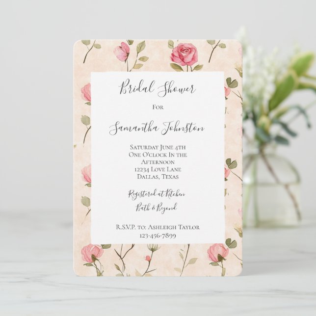 Pretty Pink Cream Roses Floral Bridal Shower Invitation (Standing Front)