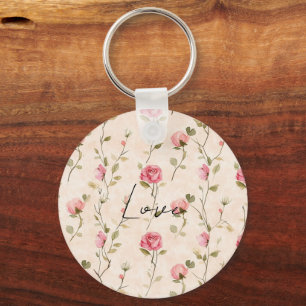Pretty Pink Cream Roses Floral Love Key Ring