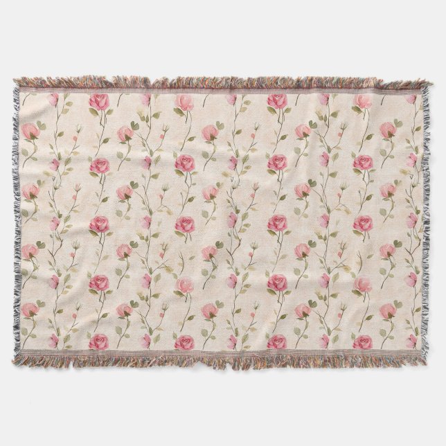 Pretty Pink Cream Roses Floral Throw Blanket (Front)