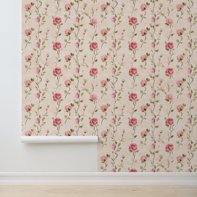 Pretty Pink Cream Roses Floral Wallpaper (Application)