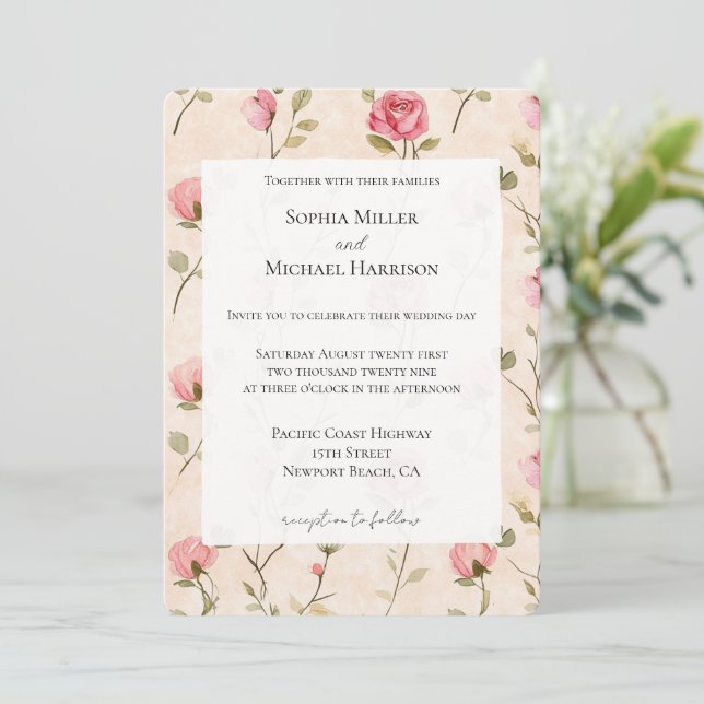 Pretty Pink Cream Roses Floral Wedding Invitation (Standing Front)