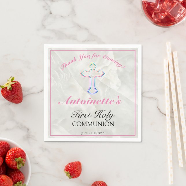Pretty Pink Cross Girls First Communion Thank You  Napkin (Insitu)