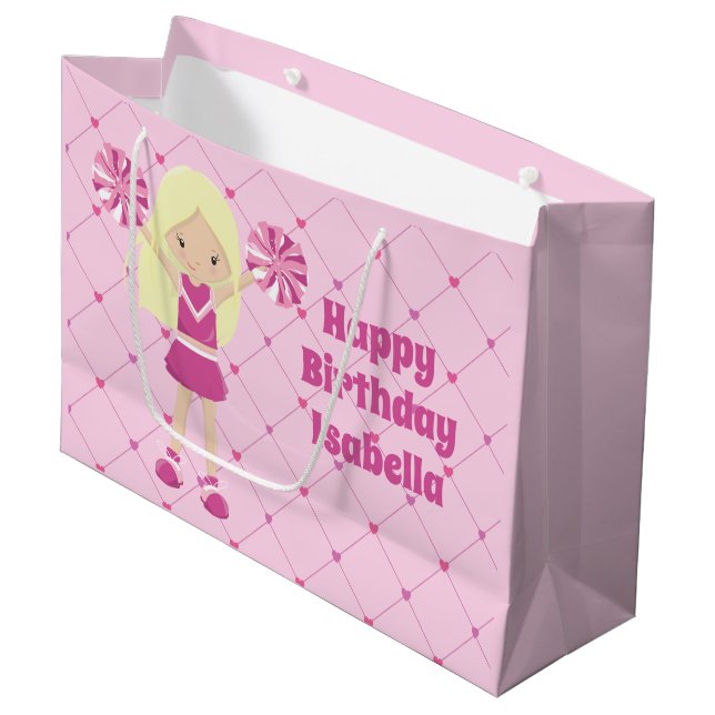 Pretty Pink Custom Cheerleader Girls Pink Birthday Large Gift Bag (Front Angled)
