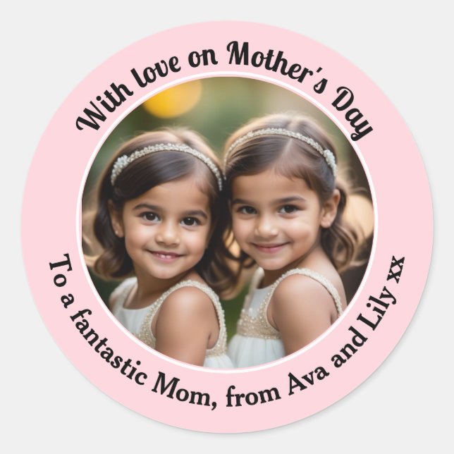Pretty Pink Custom Photo Mother's Day Classic Round Sticker (Front)