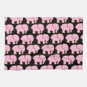 Pretty Pink Cute Elephants on Black Tea Towel