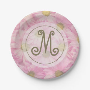 Pretty Pink Daisies Cute Custom Gold Monogram Paper Plate