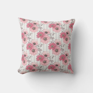 Pretty Pink Daisies Striped Floral Pattern Cushion