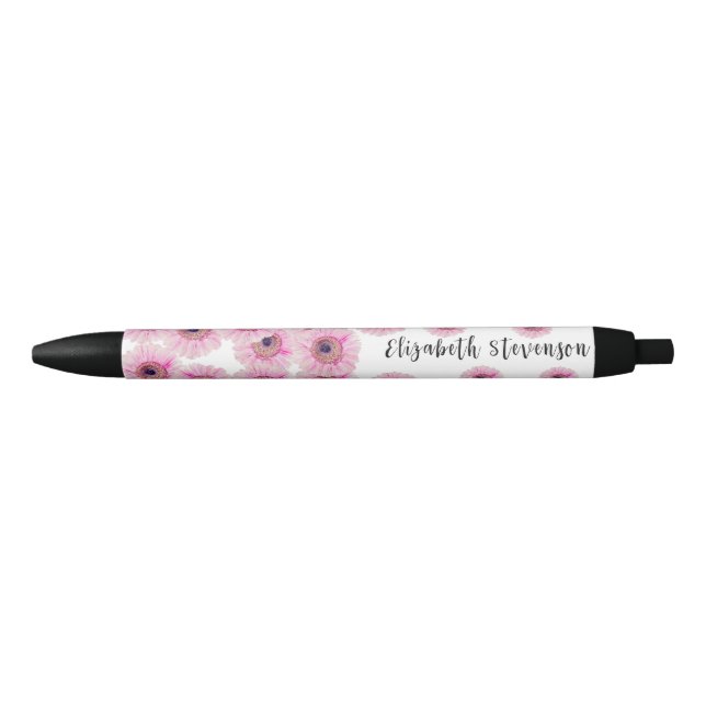 Pretty pink daisy flower custom name black ink pen (Front)