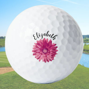 Pretty pink daisy flower custom name ladies golf balls