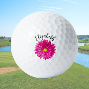 Pretty pink daisy flower custom name womens golf balls