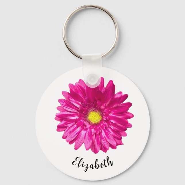 Pretty pink daisy flower custom name womens key ring (Front)