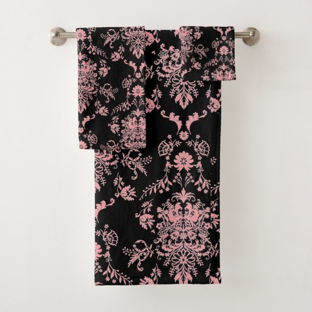 Pretty Pink Damask on Black Bath Towel Set (Insitu)