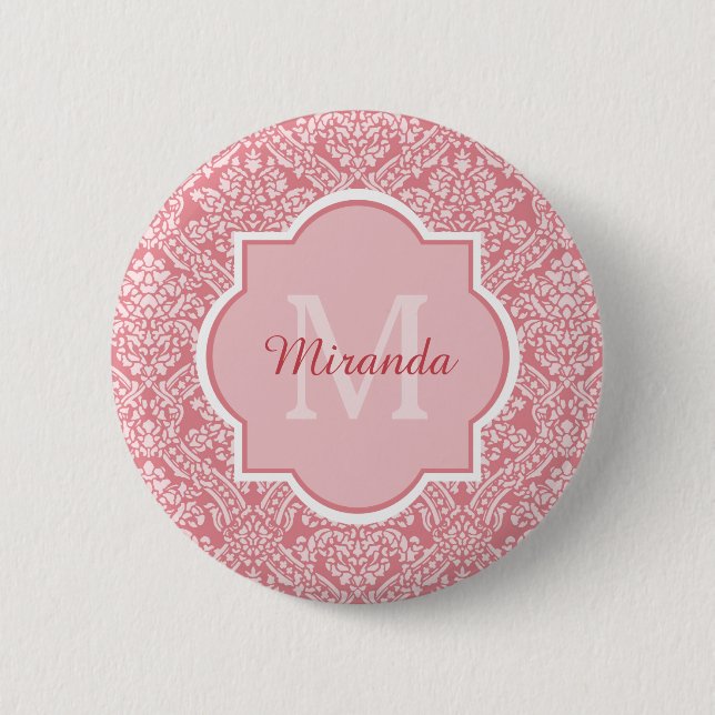 Pretty Pink Damask Pattern Monogram With Name 6 Cm Round Badge (Front)