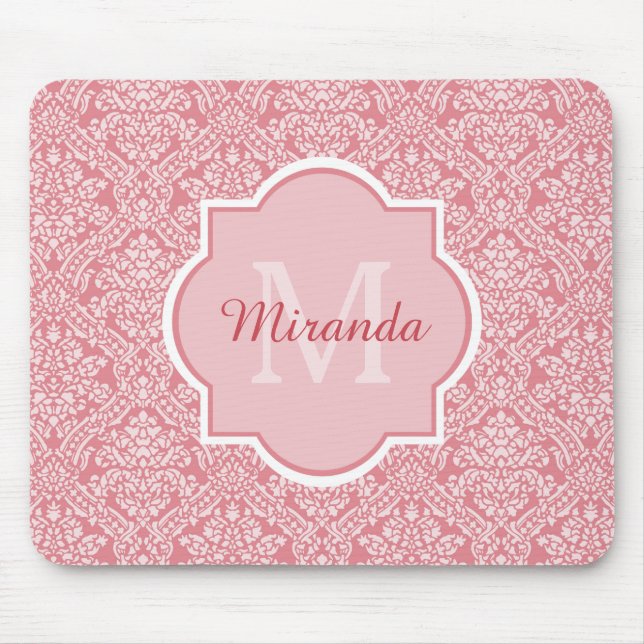 Pretty Pink Damask Pattern Monogram With Name Mouse Pad (Front)