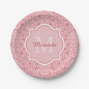 Pretty Pink Damask Pattern Monogram With Name Paper Plate