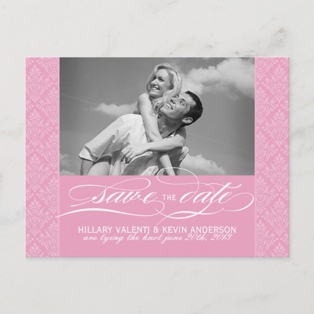 Pretty Pink Damask Save the Date Announcement Postcard (Front)