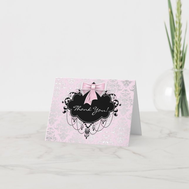Pretty Pink Damask Thank You Card (Front)