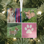 Pretty Pink Dog Collage Custom Pet Christmas Gift Glass Tree Decoration<br><div class="desc">This beautiful puppy pet photo Christmas ornament is personalised with adorable pictures of your sweet girl dog. Customise this chic gift with your own custom pup photographs around a pretty pink square with a cute white paw print and your dog's name in the centre.</div>