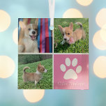 Pretty Pink Dog Collage Custom Pet Christmas Gift Glass Tree Decoration<br><div class="desc">This beautiful puppy pet photo Christmas ornament is personalised with adorable pictures of your sweet girl dog. Customise this chic gift with your own custom pup photographs around a pretty pink square with a cute white paw print and your dog's name in the centre.</div>