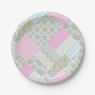Pretty Pink Dog Rose Faux Patchwork Paper Plate
