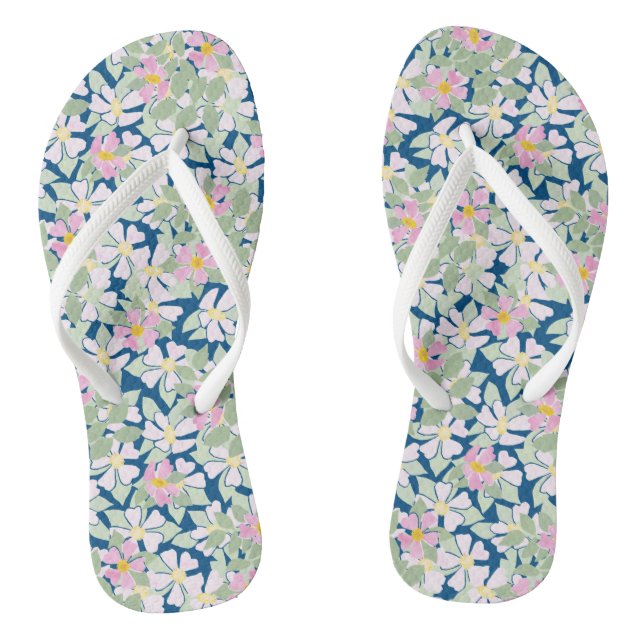Pretty Pink Dog Roses on Deep Blue Floral Pattern Thongs (Footbed)