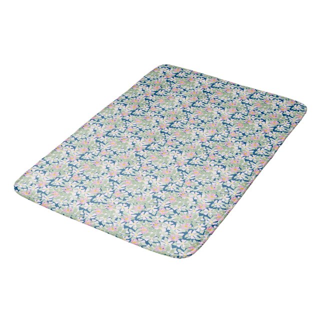 Pretty Pink Dog Roses on Navy Blue Pattern Bath Mat (Angled)