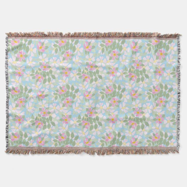 Pretty Pink Dog Roses on Sky Blue Pattern Throw Blanket (Front)